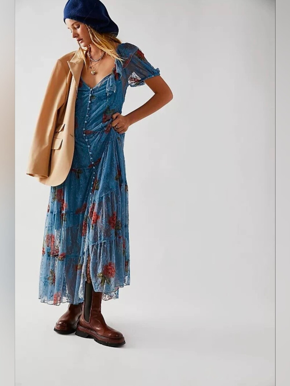 Free People Blue Floral Tiered Maxi Dress with Red Accents